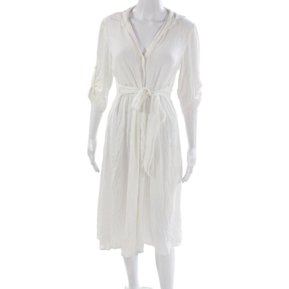 Playa Lucila Womens Shirt Dress White 3/4 Sleeve Mid Calf Viscose Size M